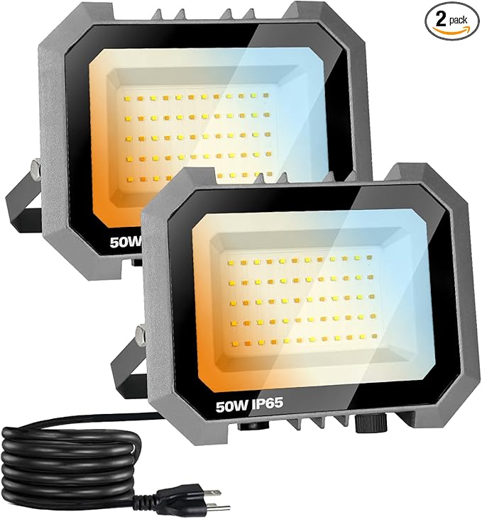 2 Pack 50W LED Flood Lights Outdoor 3CCT 3000/4000/6000K Selectable 5000LM Floodlight Outside Work Light with 5.9FT Plug IP65 Waterproof LED Flood Light for Garage Yard Lawn Garden