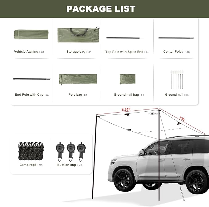 10 x 6.6ft Car Awning for SUV Van Needn't Roof Rack Hardwares Car Awning Waterproof UV50+