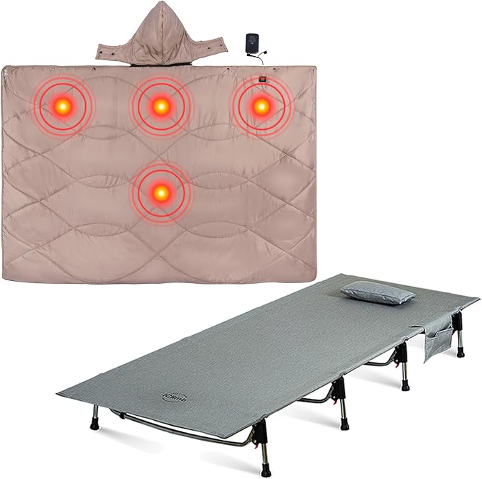 iClimb 1 Heated Camping Blanket and 1 Super Easy Assemble Cot Ultralight Compact for Adults Outdoor Camping Backpacking Hiking