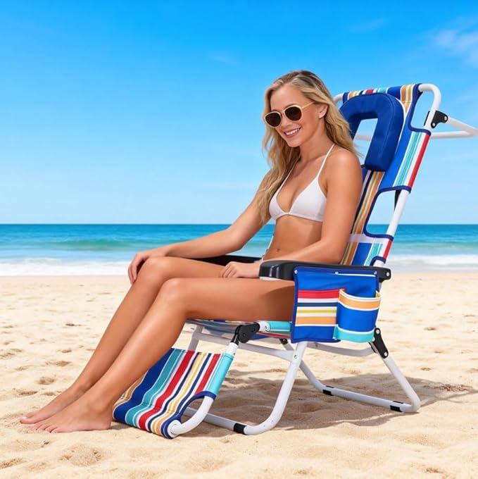 MOPHOTO 3 in 1 Beach Chairs Heavy Duty Beach Tanning Chair for Adults Lay Flat Recliner with 5-Position Adjustable Backrest Folding Outdoor Chair for Beach Pool Patio Camping