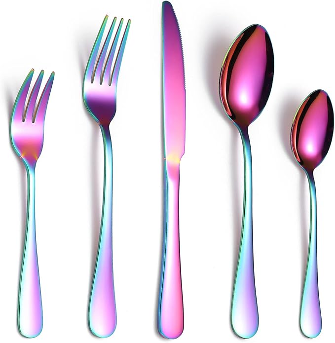 Stainless Steel Silverware Premium Stainless Steel Cutlery Set - Polished Flatware Knife Fork and Spoon Dishwasher Safe Tableware Multi-Colored Design (Silver)