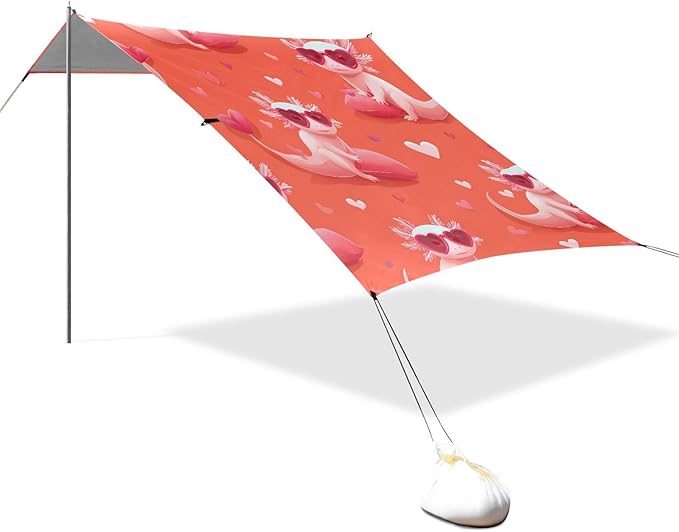 ALAZA Axolotl Salamander Sunglasses Heart Beach Tent Sun Shelter UPF50+ Protection Beach Shade Canopy w/ 4 Sandbags for Outdoor Camping Fishing Backyard Fun Picnic 10x9 ft