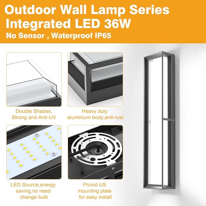 Sytmhoe Outdoor Wall Lights 23.6in 10%-100% Dimmable 6000K LED Modern Patio Wall Light Fixture Aluminum&ampPC Black Exterior Sconce Wall Mounted LightsSuitable for Garage Courtyard House(6000K)