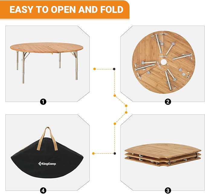 KingCamp Bamboo Round Folding Table Camping Table for Teepee Bell Tent 3 Fold Portable Camp Table with Heavy Duty Adjustable Height Aluminum Leg for Camping Picnic Indoor &amp Outdoor Card Game Dinni
