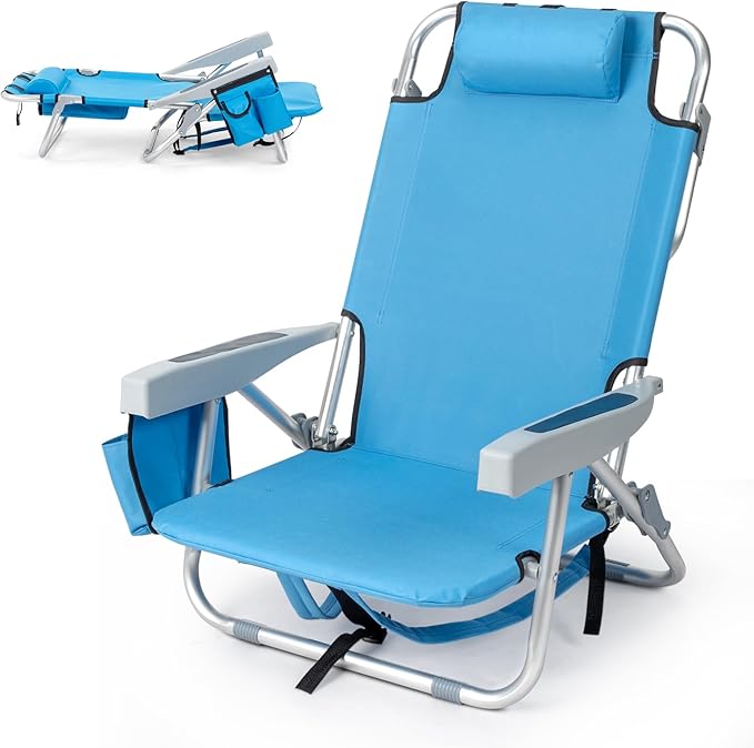 Outvita Backpack Beach Chair 5 Level Adjustable Positions Beach Chair with Back Storage Bag Cooler Pouch and Side Bags for Beach Poolside Lawn
