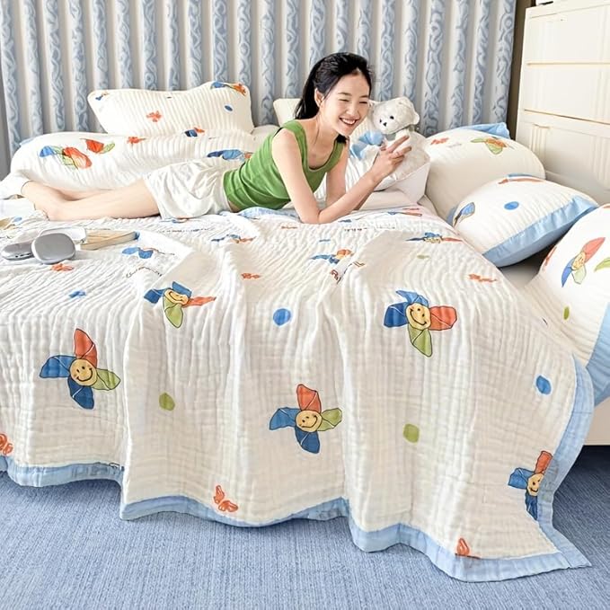 ITFRO Cooling 6 Layer Cotton Muslin Blanket For Hot Sleepers Twin Size 60x80 Inches Windmill Soft Breathable Lightweight Reversible Summer Gauze Blanket for Adults Sofa Bed Camping (Windmill 60x80)