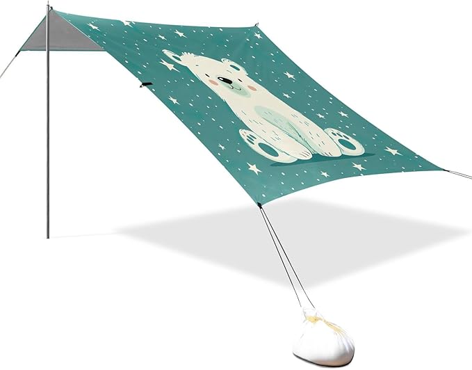 Cute White Bear Beach Tent Sun Shelter 9.2' x 10.5' Beach Canopy with 4 Sandbags 4 Stability Poles Sand Shovels - Tent Canopy for Beach Camping Fishing Picnics