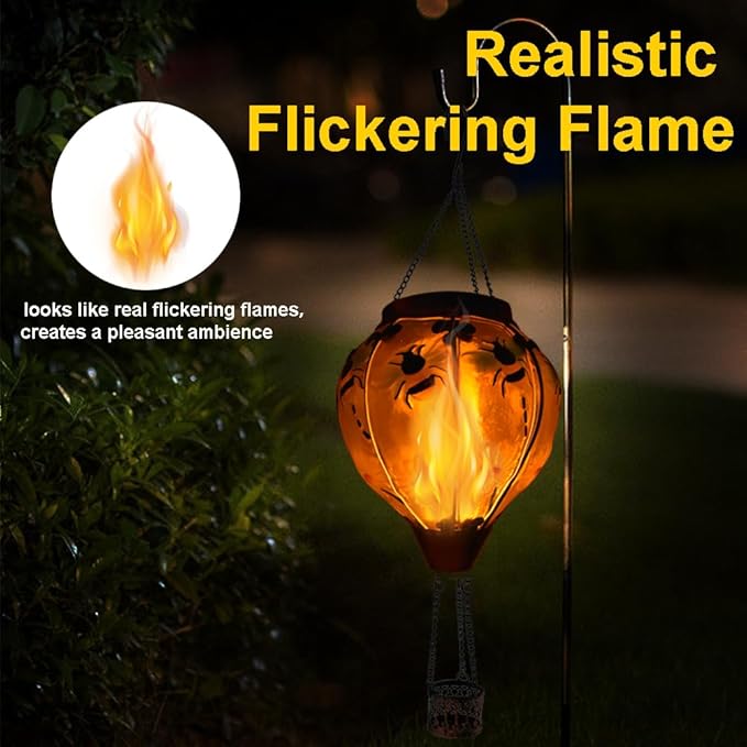 Hot Air Balloon Solar Lantern with Flickering Flame Glass Hanging Garden Lights Outdoor Waterproof for Tree Yard Patio Mother's Day Gift 18 H Bee