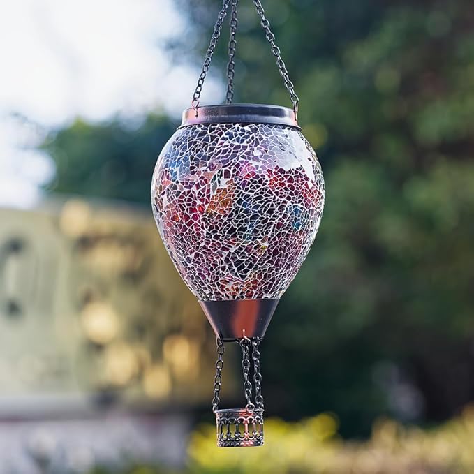 Mosica Hot Air Balloon Solar Lantern with Flame Glass Hanging Solars Lanterns Outdoor Waterproof Decorative Solar Light for Garden Yard Patio Decor