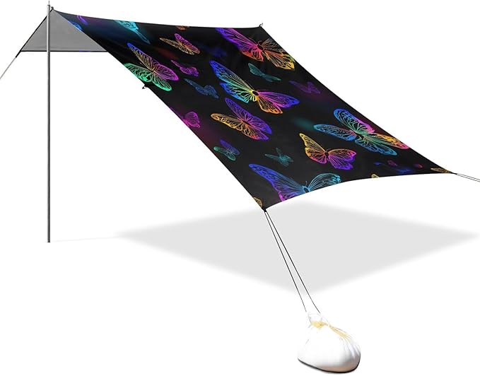 ALAZA Neon Rainbow Butterfly Beach Tent Sun Shelter UPF50+ Protection Beach Shade Canopy w/ 4 Sandbags for Outdoor Camping Fishing Backyard Fun Picnic 10x9 ft