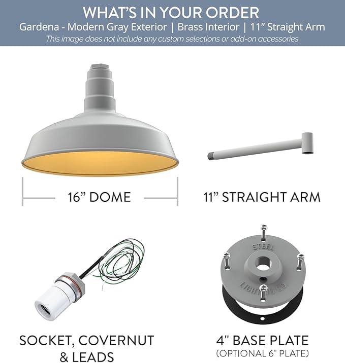 Steel Lighting Co. | Dusk to Dawn | Gardena Barn Light | Outdoor Wall Mounted | 16 Dome | 11 Straight Arm | Farmhouse Light Made in America | Modern Gray/Brass