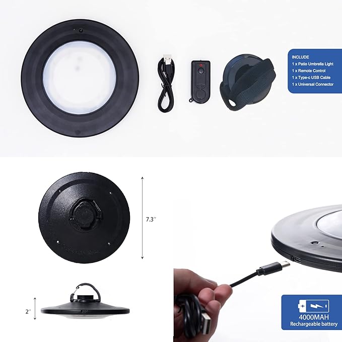 Umbrella Lights with Remote Rechargeable Patio Cantilever Umbrella Lights with 3 Brightness Modes for Offset Patio Umbrella in Outdoor &amp Garden (Black)
