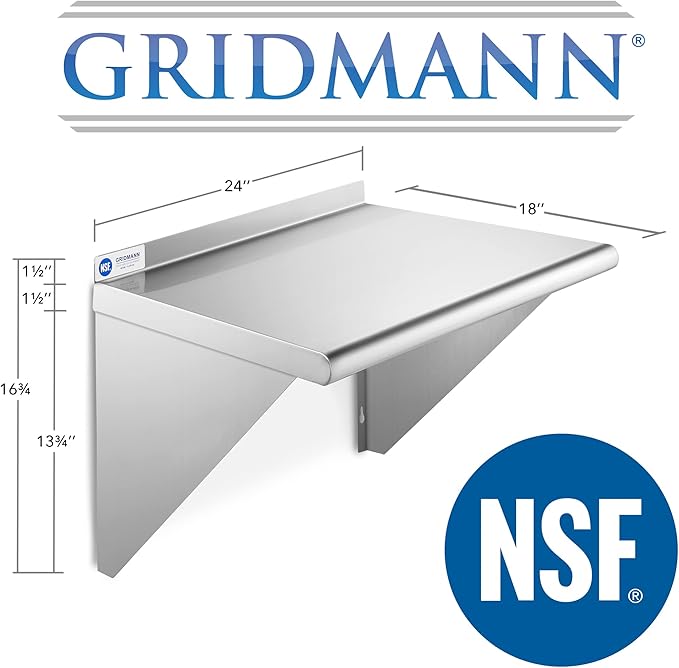 GRIDMANN 18 x 24 Stainless Steel Wall Mount Shelf with Backsplash Commercial Grade - NSF Certified 18 Gauge Shelving for Restaurant Kitchen Utility Room Garage