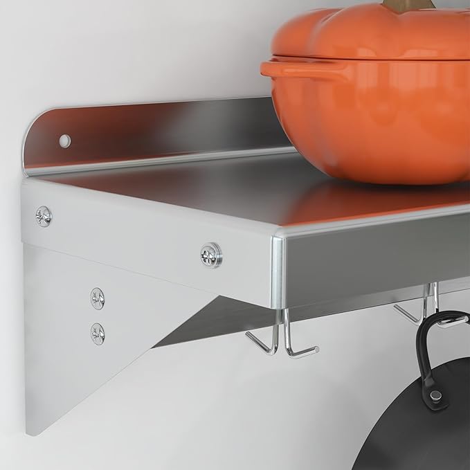 Stainless Steel Wall Shelf with Hooks - 12 x 48 Kitchen Storage Rack with Backsplash Metal Mount Organizer for Pots Pans Cookware for Home and Commercial Use NSF Certified