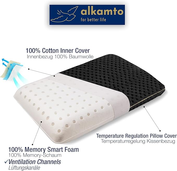 alkamto Travel &amp Camping Comfortable Memory Foam Pillow – Easy to Carry Portable Bag – Temperature Regulating Pillow Case (Black)