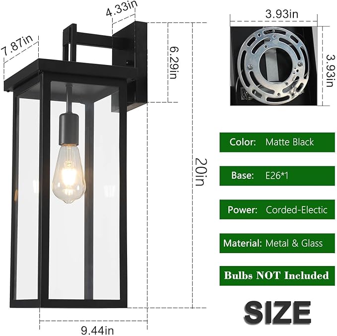 tewei Large Size Outdoor Wall Lantern Exterior Wall Light Fixture Matte Black Porch Light Waterproof Outdoor Lights for House with Clear Glass Shade E26 Base Wall Sconces for Garage (1 Pack)