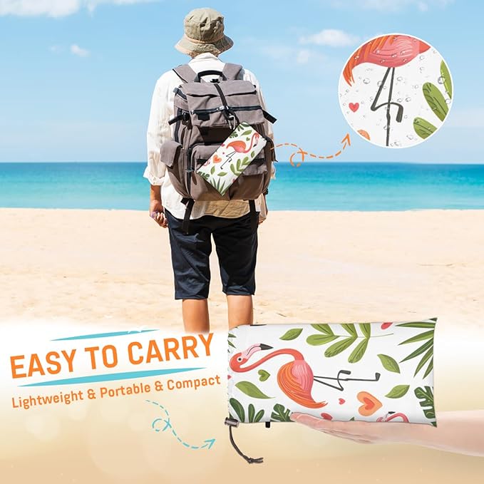 Waterproof Sandproof Beach Blanket 59''×68'' Animal Polyester Outdoor Picnic Blanket with 4 Stakes &amp Storage Bag for BeachCampingVacation Flamingo
