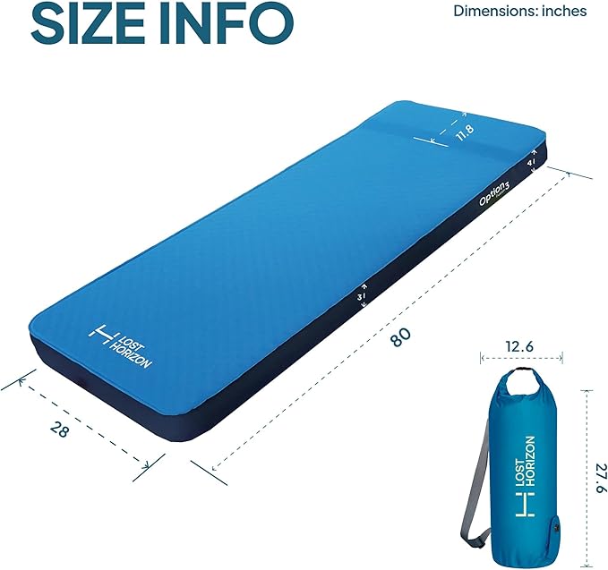 LOSTHORIZON Air &amp Foam Camping Mattress Self-Inflating Sleeping Pad 3 Thick with Pump Sack Single
