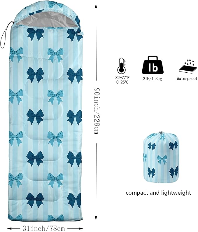 Colorful Bow Sleeping Bag 3 Season Warm Cool Weather Hand Drawn Bow Camping Sleeping Bag for Adult Cute Bowknot Camping Backpacking for Outdoor Traveling Hiking Hunting Gear Equipment