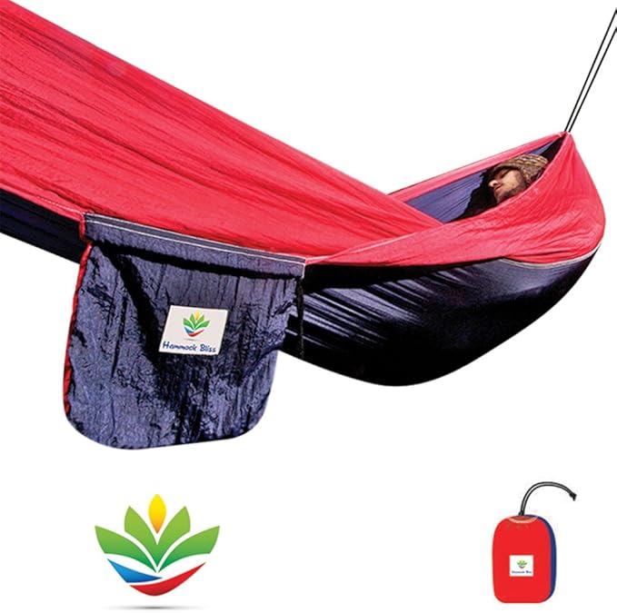 Hammock Bliss Single - Camping Hammock - Camping Essentials Portable Hammock - The Longest Single Hammock On Earth for Outside Hiking and Travel (Navy/Red)