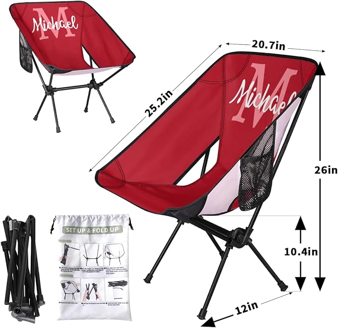 Custom Red Portable Camping Chair Personalized Backpacking Chair with Name Lightweight Foldable Chairs for Hiking Beach
