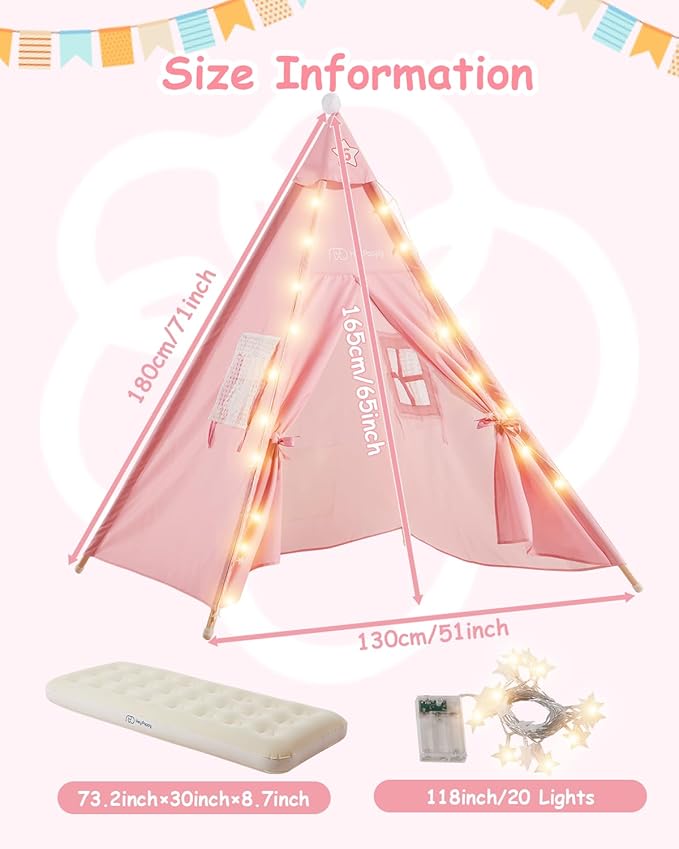 6 Pack Teepee Tent for Kids with Inflatable Airbed Light Toddler Tent Children Room Tents Slumber Party Sleepover Tents Indoor Outdoor Kids Playtent Playhouse for Girls &amp Boys