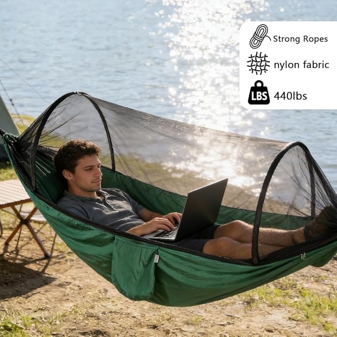 Camping Hammock with Mosquito Net - Double &amp Single Portable Hammocks with 2 Tree Straps Lightweight Hammock Tent for Outdoor Camping Hiking Backpacking Beach &amp Backyard (Dark Green)