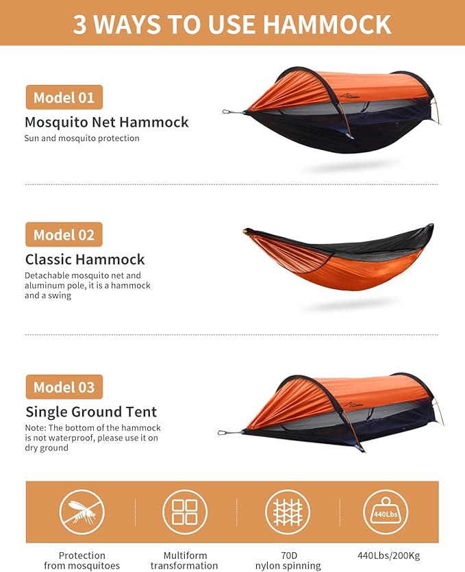 Camping Hammock Tent with Mosquito Net and Sunshade Extra Large for 2 Person Lightweight Hanging Hammocks Tree Straps Bivvy Ground Tent for Outside Hiking and Travel