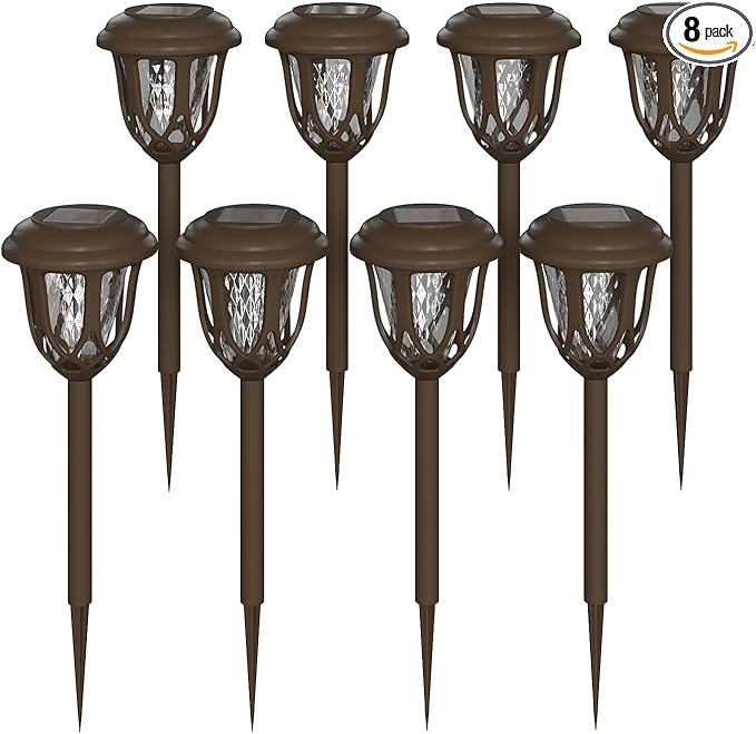 Flash Furniture Hess 8 Pack LED Solar Lights - All-Weather Brown Tulip Style Outdoor Solar Powered Lights - Landscape Lighting for Pathway Garden &amp Yard 3.37x3.37x14 Brown