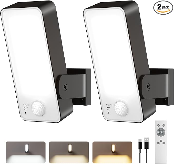 2 Pack Motion Sensor Outdoor Lights 10000mAh Rechargeable 600 Lumen Battery Operated Outdoor Wall Lights with 3 Modes 3 Colors IP65 Waterproof Outdoor Security Lights for Fences Garage Patio