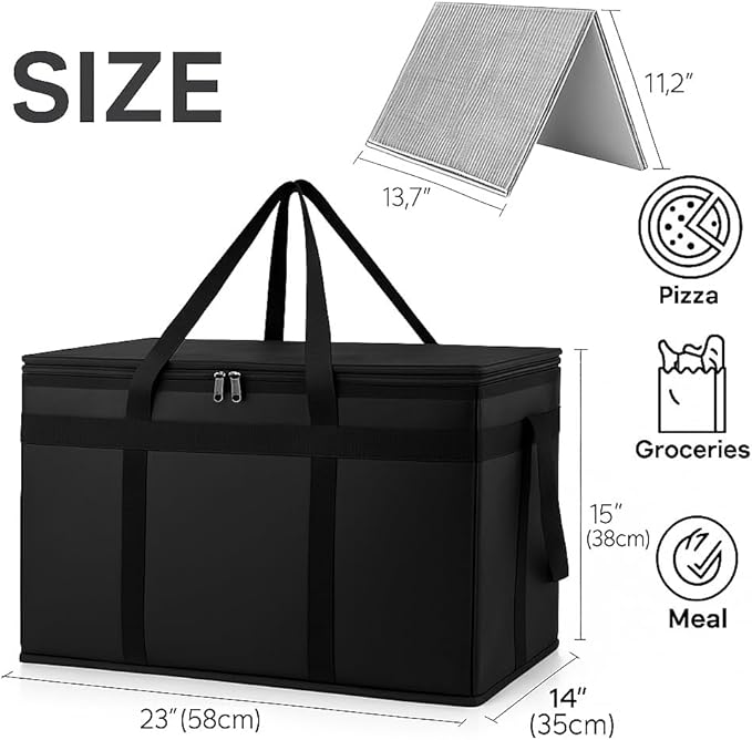 Bodaon 2-Pack Insulated Food Delivery Bag With Hard Bottom XXXL Pizza Cooler Bags Rideshare Delivery Bag Grocery Shopping and Catering Thermal Cold/Hot Styrofoam Carrier for Travel/Car