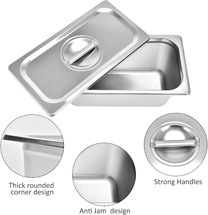 4 Packs Stainless steam Hotel pan1/3 Size x 6 Deep22 Gauge/0.7mm Thick Stainless Steel Hotel Pan Anti Jam Steam Table Pan with Lid (1/3 Size x 6 Deep)