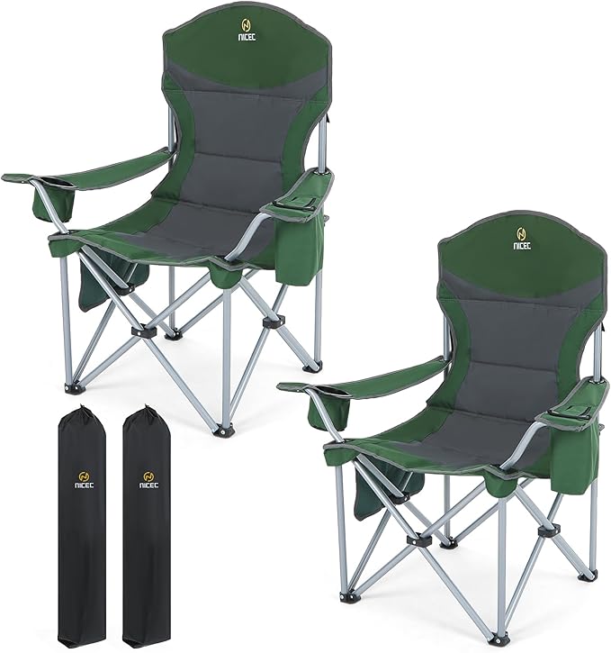 Nice C Camping Chair Portable Chair Lawn Chairs Outdoor Chairs with Armrest Cooler Bag Cup Holder Side Pocket for Camping Traveling Picnic (Green&ampGrey 2-Pack)