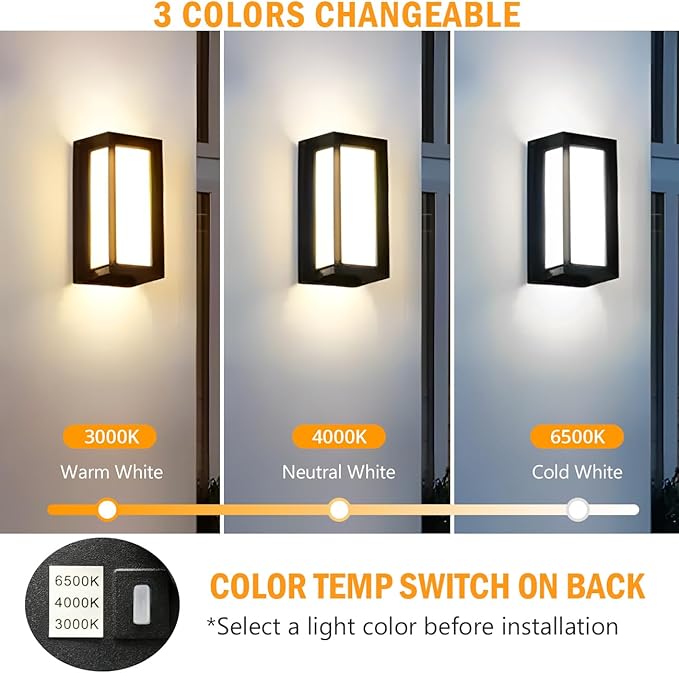 wowlite Outdoor Lights for House LED 12W Modern Porch Light 3000K 4000K 6500K 3 Colors Changeable Aluminum Outdoor Light Fixture Wall Mount Exterior Lighting Fixtures for Garage Garden Patio