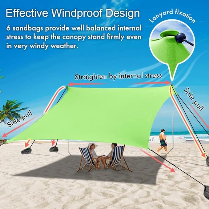 Beach Canopy Windproof Design Sun Shelter UPF50+ Portable Family Tent with 6 Sandbags Anchors 10x10 FT 2 Pole Pop Up Outdoor Shelter for Beach Camping Fishing Backyard