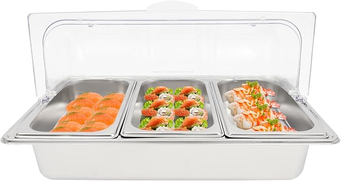3-Compartment Stainless Steel Food Display Server with Clear Roll-Top Lid &amp Buckles Countertop Buffet Pan for Restaurant Hotel Kitchen Party 2.38 Gal