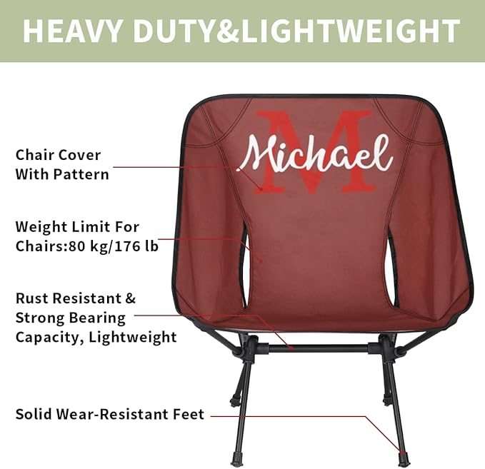 Custom Dark Red Portable Camping Chair Personalized Backpacking Chair with Name Lightweight Foldable Chairs for Hiking Beach