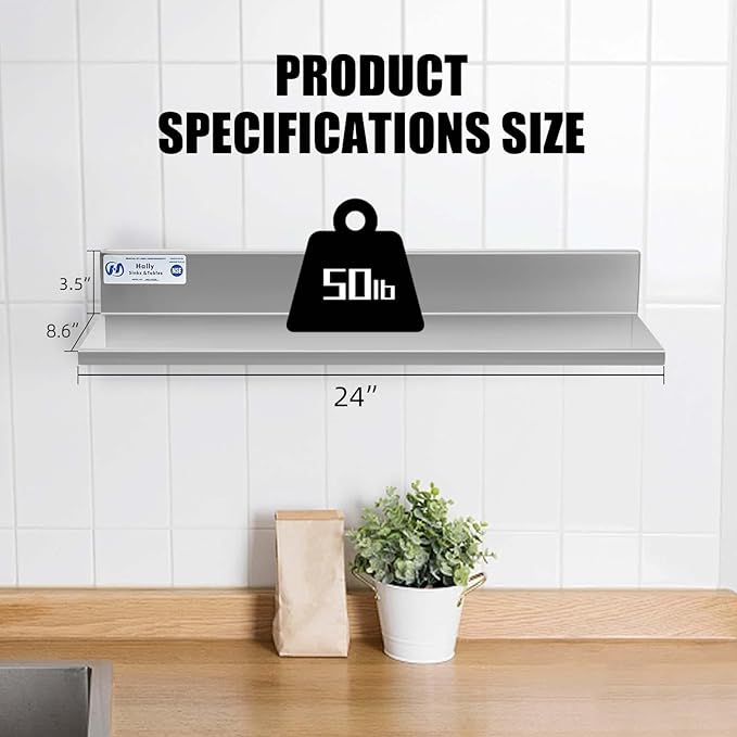 Hally Stainless Steel Wall Shelf 8.6 x 24 Inches 50 lb NSF Commercial Heavy Duty Wall Mount Floating Shelving for Restaurant Kitchen Home Hotel and Bar 2 Pack