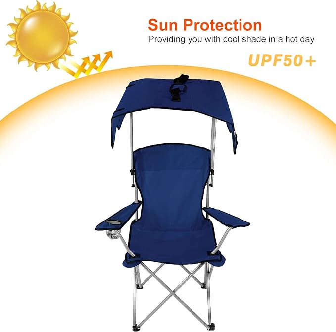 Camping Chair with Canopy Outdoor Folding Lounge Chair with Adjustable UPF 50+ Sun Shade &amp Cup Holder Portable Camping Recliner for Camp Beach Outdoor Sports 350LB Max Support - U.S Spot