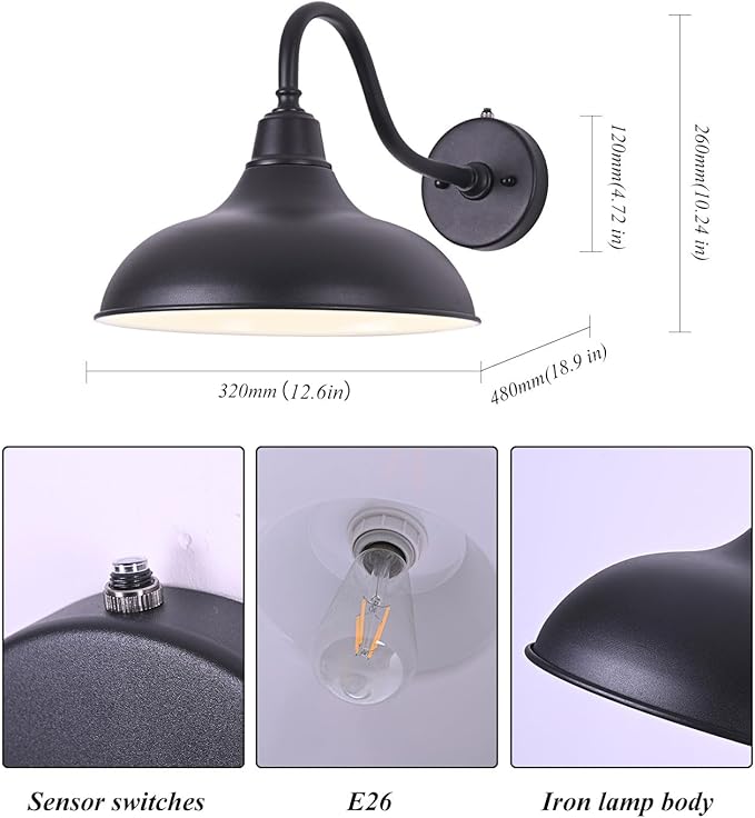 Outdoor Gooseneck Barn Light -12” Black Dusk to Dawn Exterior Wall Sconce Lighting with Photocell for Farmhouse House Porch Entryways Garage (2 Pack)