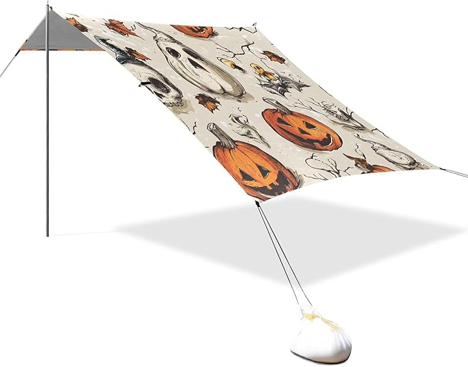 ALAZA Halloween Pumpkin Skull Beach Tent Sun Shelter UPF50+ Protection Beach Shade Canopy w/ 4 Sandbags for Outdoor Camping Fishing Backyard Fun Picnic 10x9 ft