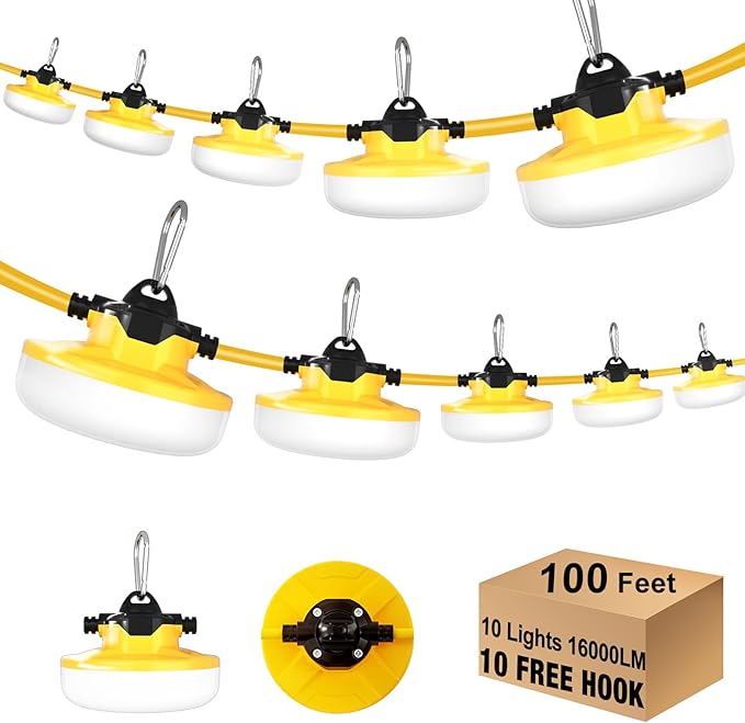 100FT LED Construction String Lights 3 Prong 130W 16000Lm LED String Work Lights 5000K Daylight Temporary Lighting for Construction Sites Jobsite Renovation Mine Cave UL Listed