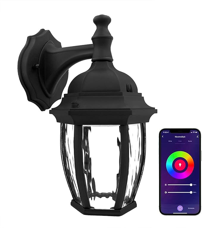 Maxxima Luvoni Smart WiFi LED Outdoor Wall Light Black w/Clear Water Glass App Controlled Porch Lantern 850 Lumens CCT 2700K - 6500K Dimmable Works with Google Home/Alexa