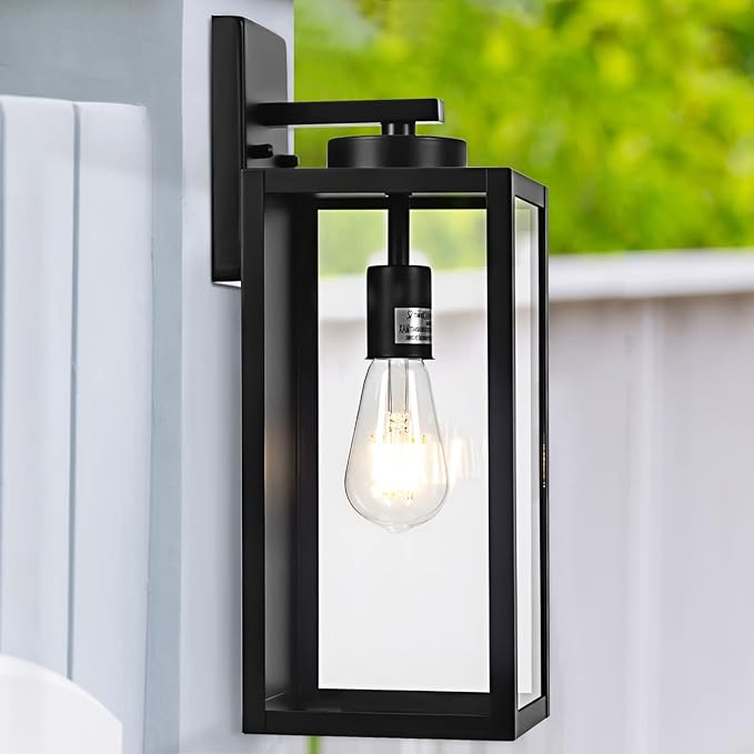 Outdoor Wall Light Fixture Large 16 Exterior Black Lantern Waterproof Farmhouse Porch Sconce Lighting with Glass Modern Wall-Mounted Outside Lights for House Garage Patio Lamp