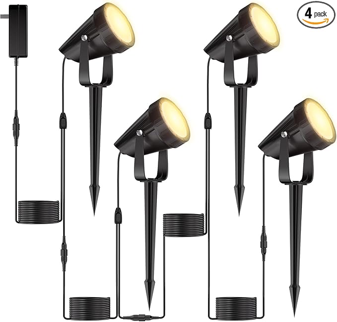 Outdoor Landscape Lighting Low Voltage 29.5FT Wired LED Spot Light with Plug-in Transformer IP65 Waterproof Outside Uplight 7W 840LM for Yard Garden Tree Pathway House Warm Yellow 3000K Pack of 4