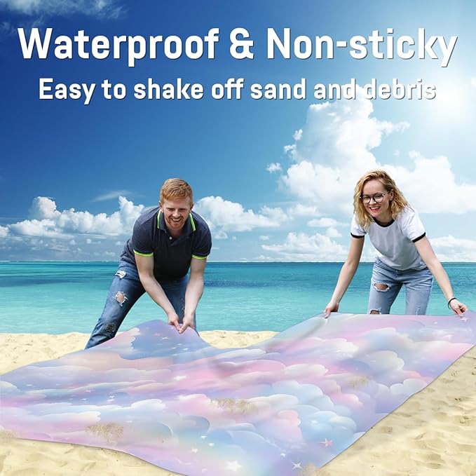 Waterproof Sandproof Beach Blanket 59''×68'' Color Cloud Polyester Outdoor Picnic Blanket with 4 Stakes &amp Storage Bag for BeachCampingVacation Fantasy Star