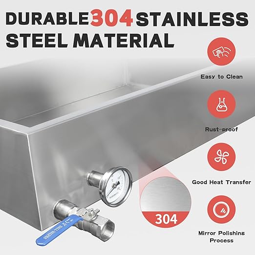 Maple Syrup Evaporator Pan 304 Stainless Steel Maple Syrup Evaporator with Valve and Thermometer 24.9Gal Feed Pan for Boiling Maple Syrup 24 x 24 x 10 Inch for Home and Outdoor Use