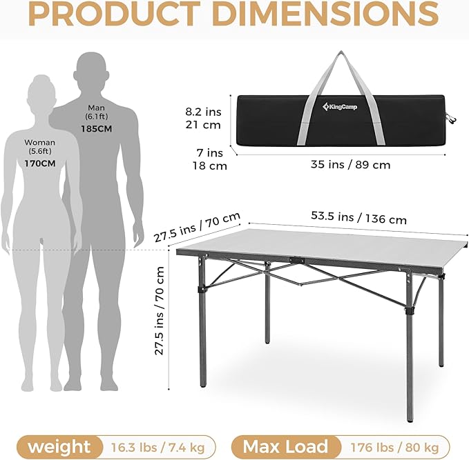 KingCamp Aluminum Camping Table Foldable Large 53.5 Roll Up Camp Table Folding Seamless Tabletop Heavy Duty Duck Hunting Camping Tables Metal Portable Outdoor Collapsible for RV BBQ Picnic Hunting