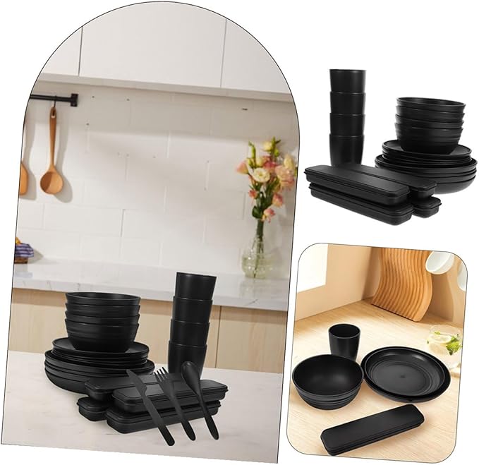 Black 20pcs Dinnerware Set for 4 Includes Bowl Plate Cup Fork Spoon Knife Sturdy Camping Cutlery Utensils for Picnic and Outdoor Dining