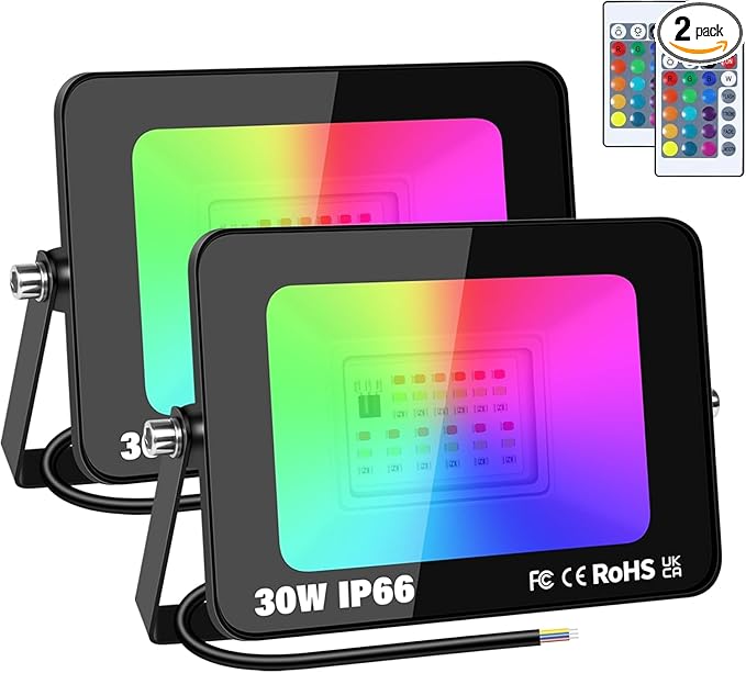 LED Flood Light Outdoor 30W 300W EquivalentRGB Color Changing Floodlight with Remote 16 Colour Changing IP66 Waterproof Control for Garden Party Stage Landscape (2 Pack)